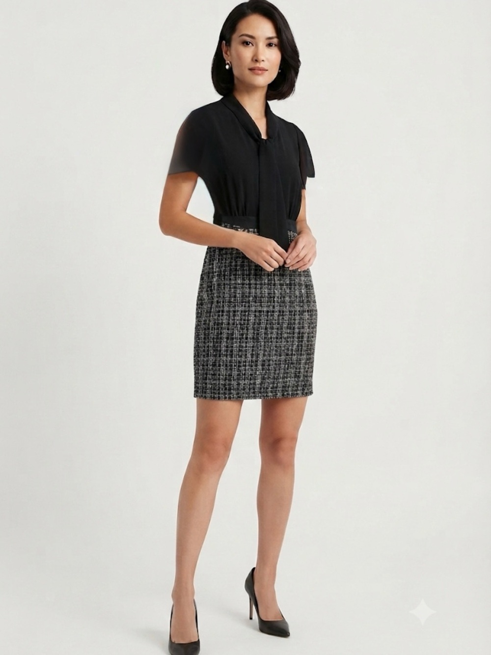 Banana Republic Petite Mixed Media Tweed Sheath Dress 2P Black Tie Neck